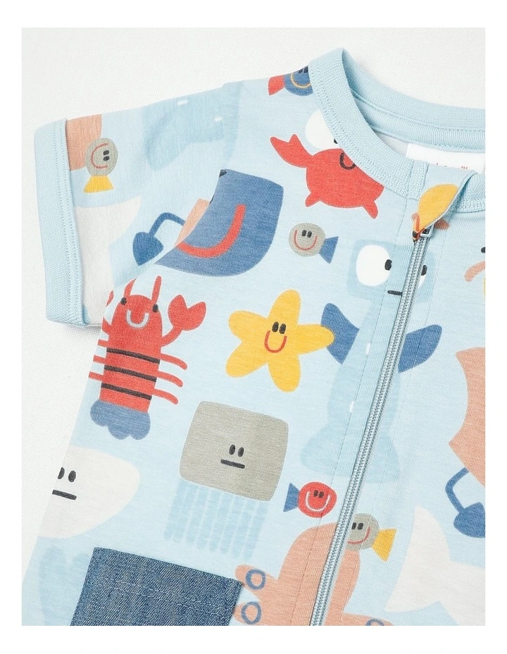 Noah Romper with Chambray Pockets with Under the Sea Print in Blue image 2