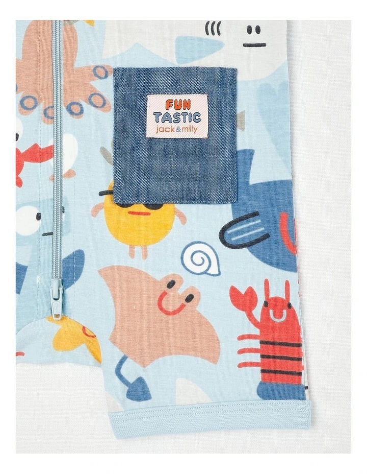 Noah Romper with Chambray Pockets with Under the Sea Print in Blue image 4