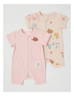 Naturals River 2 Pack Romper Set with Echidna Embroidery in Pink