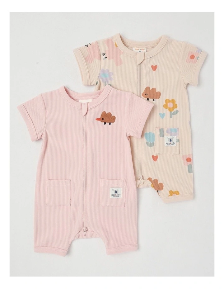 Naturals River 2 Pack Romper Set with Echidna Embroidery in Pink image 1