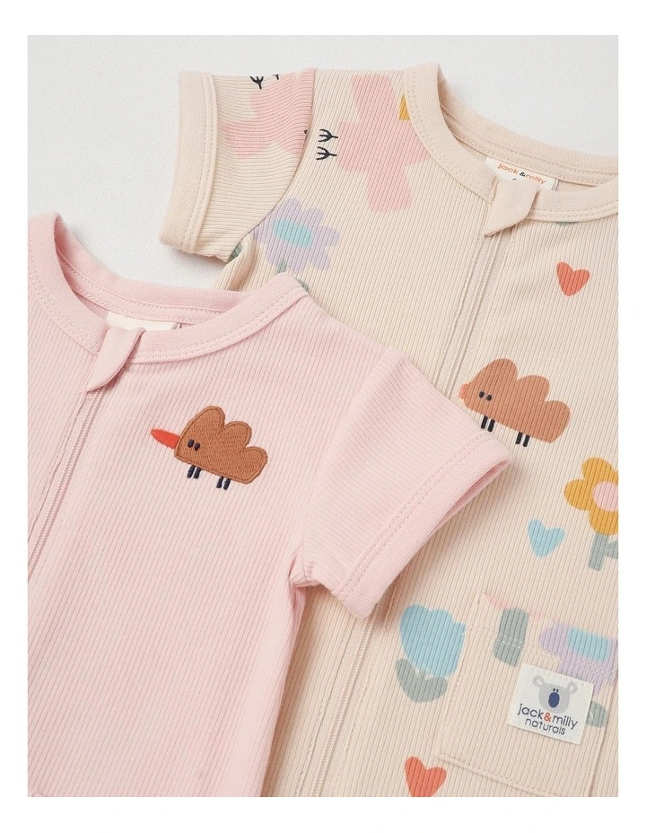 Naturals River 2 Pack Romper Set with Echidna Embroidery in Pink image 2