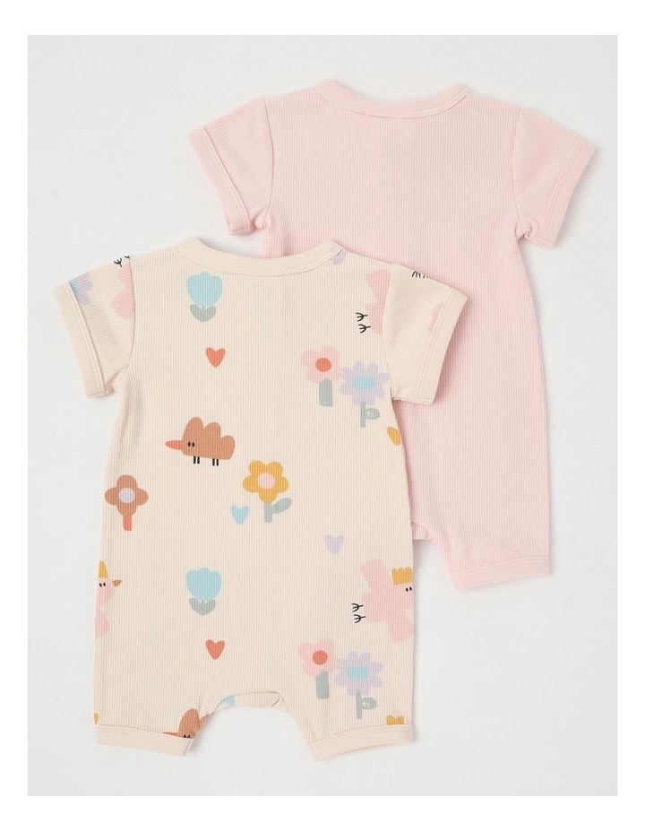 Naturals River 2 Pack Romper Set with Echidna Embroidery in Pink image 3