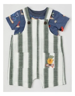 Roy Striped Overall & Tee Set in Surfarama Print in Green