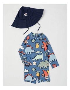 Buddy Rashsuit and Hat Set in Sketchy Dino Club in Blue