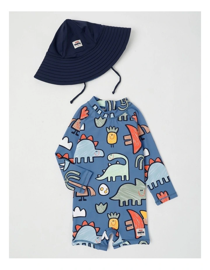 Buddy Rashsuit and Hat Set in Sketchy Dino Club in Blue image 1