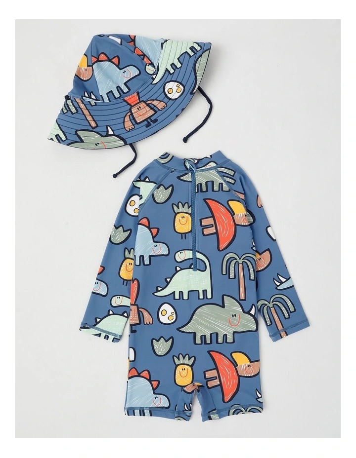 Buddy Rashsuit and Hat Set in Sketchy Dino Club in Blue image 3