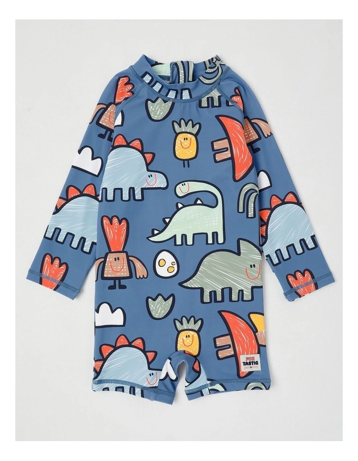 Buddy Rashsuit and Hat Set in Sketchy Dino Club in Blue image 4