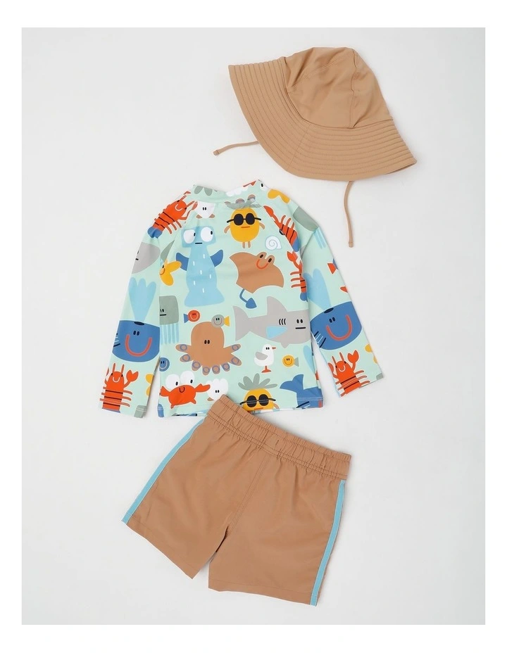 Kai Rashvest and Boardshort Set with Under The Sea Print in Green image 3