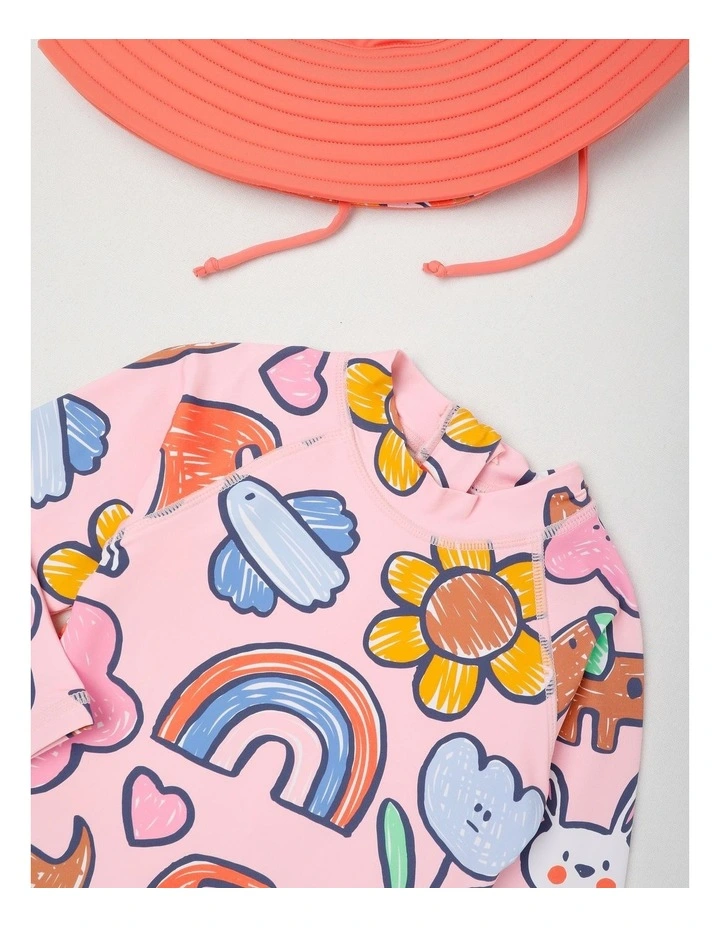 Buddy Rashsuit and Hat Set with Sketchy Happy Days Print in Pink image 2