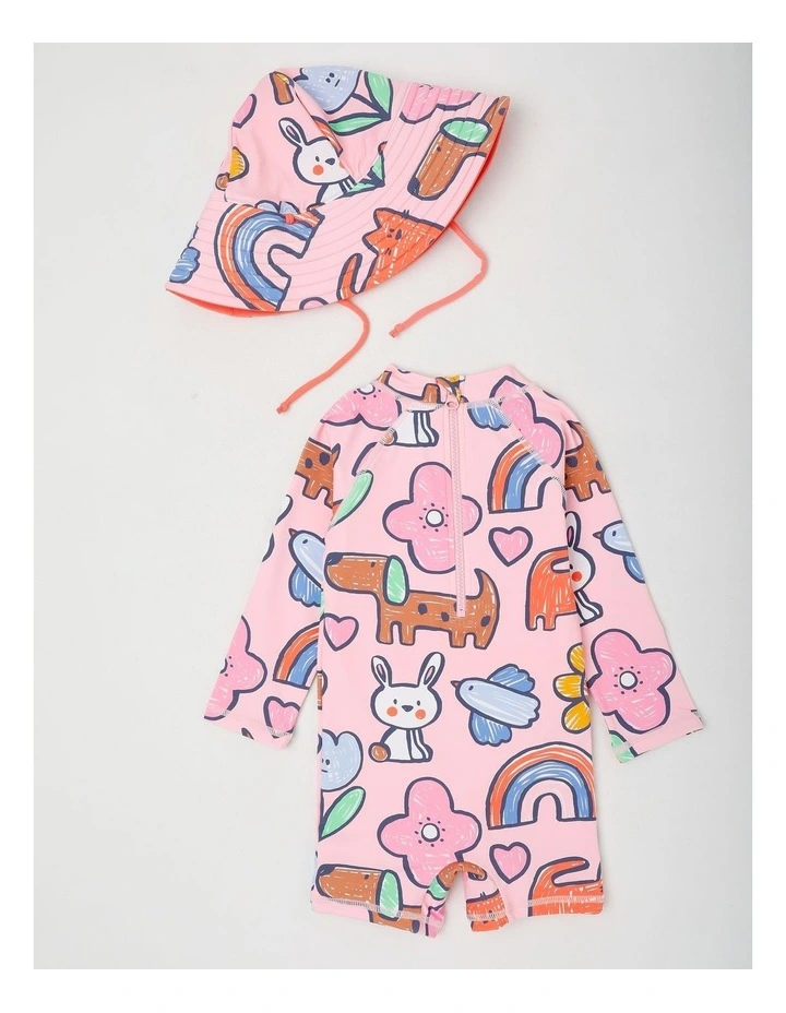 Buddy Rashsuit and Hat Set with Sketchy Happy Days Print in Pink image 3