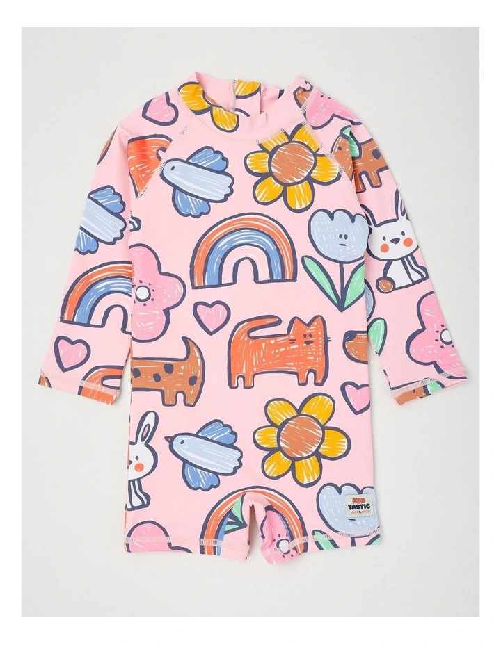 Buddy Rashsuit and Hat Set with Sketchy Happy Days Print in Pink image 4