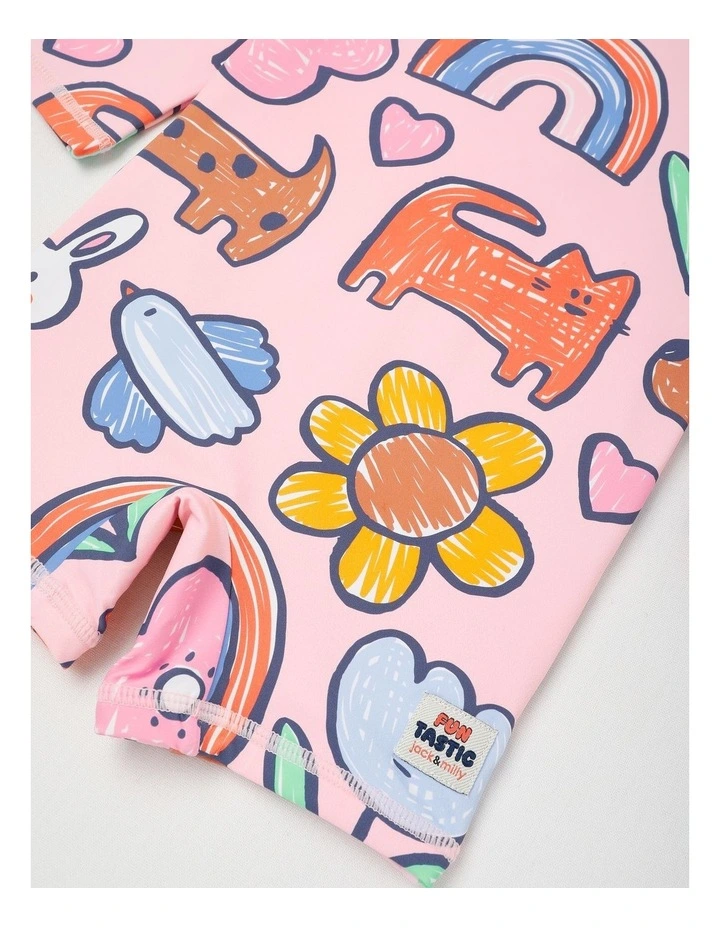 Buddy Rashsuit and Hat Set with Sketchy Happy Days Print in Pink image 6