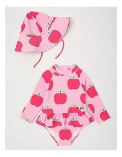 Ariana One Piece Swimsuit with Matching Hat in Apple Print in Pink