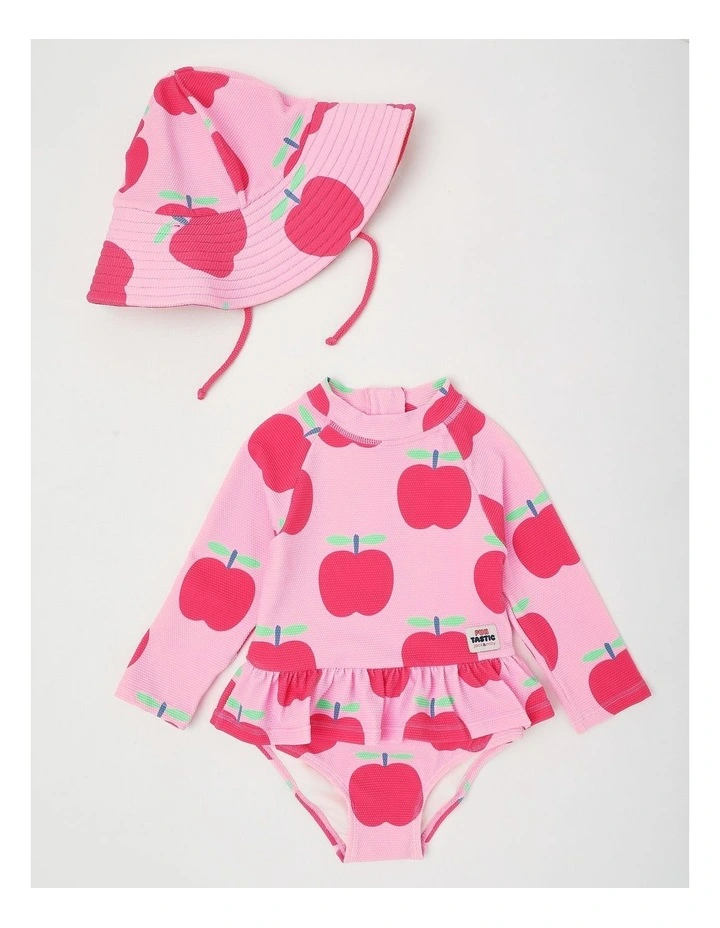 Ariana One Piece Swimsuit with Matching Hat in Apple Print in Pink image 1