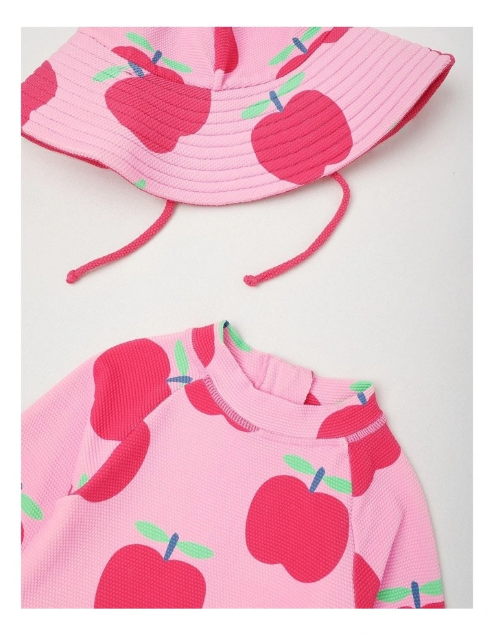 Ariana One Piece Swimsuit with Matching Hat in Apple Print in Pink image 2