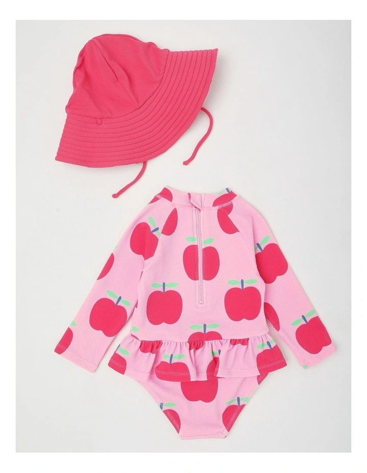 Ariana One Piece Swimsuit with Matching Hat in Apple Print in Pink image 3