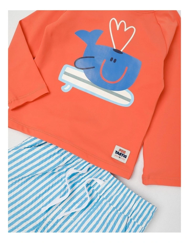 Murray Surfing Whale Rashvest and Boardshort Set in Orange image 2