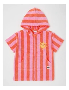 Indy Stripe Zip Thru Hooded Towel in Pink/Orange