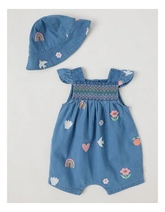 Ally Embroidered Romper and Matching Hat Set in Blue