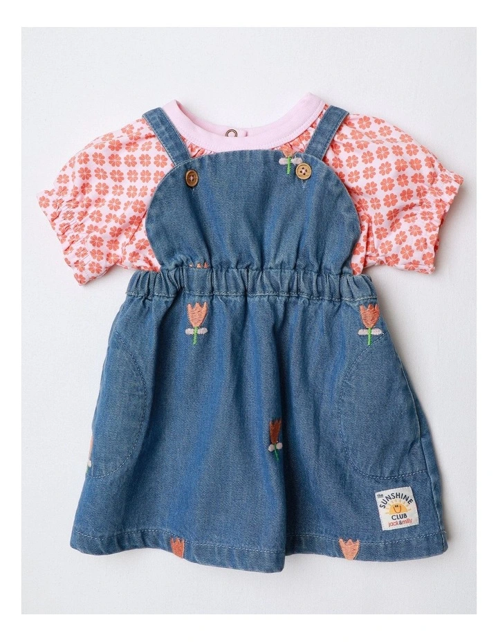 Tallulah Embroidered Denim Pinny And Jersey Tee Set In Denim image 1