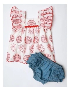 Poppy Short Sleeve Broiderie Top And Chambray Bottom Set in Multicoloured