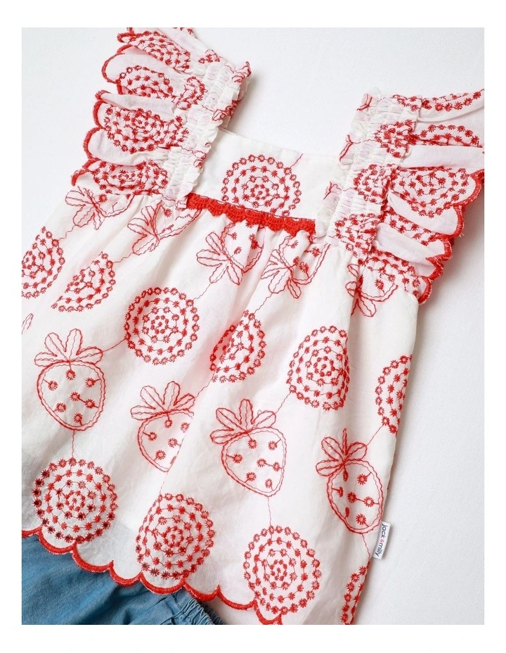 Poppy Short Sleeve Broiderie Top And Chambray Bottom Set in Multicoloured image 2