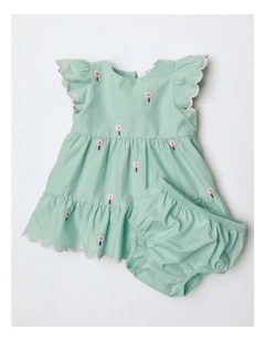 Adelaide Woven Tiered Dress With Scallop Edges And Daisy Embroidery in Light Green