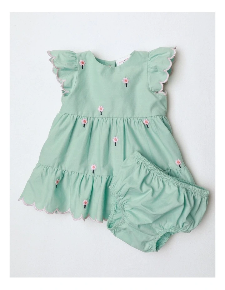 Adelaide Woven Tiered Dress With Scallop Edges And Daisy Embroidery in Light Green image 1
