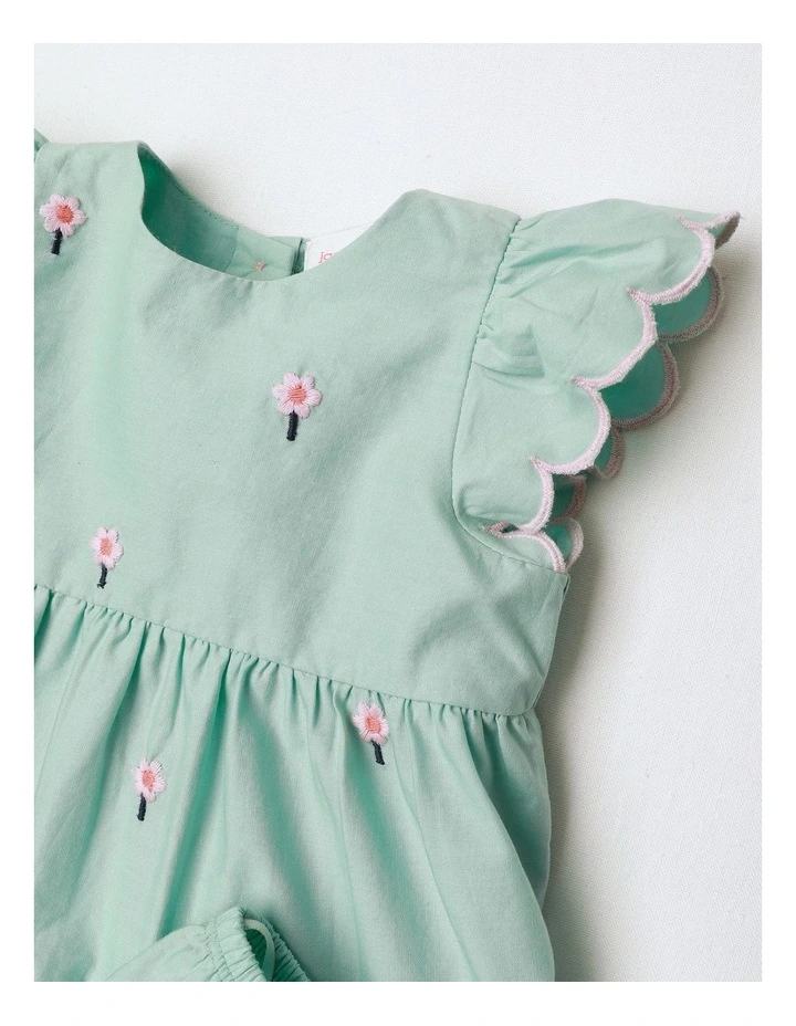 Adelaide Woven Tiered Dress With Scallop Edges And Daisy Embroidery in Light Green image 2