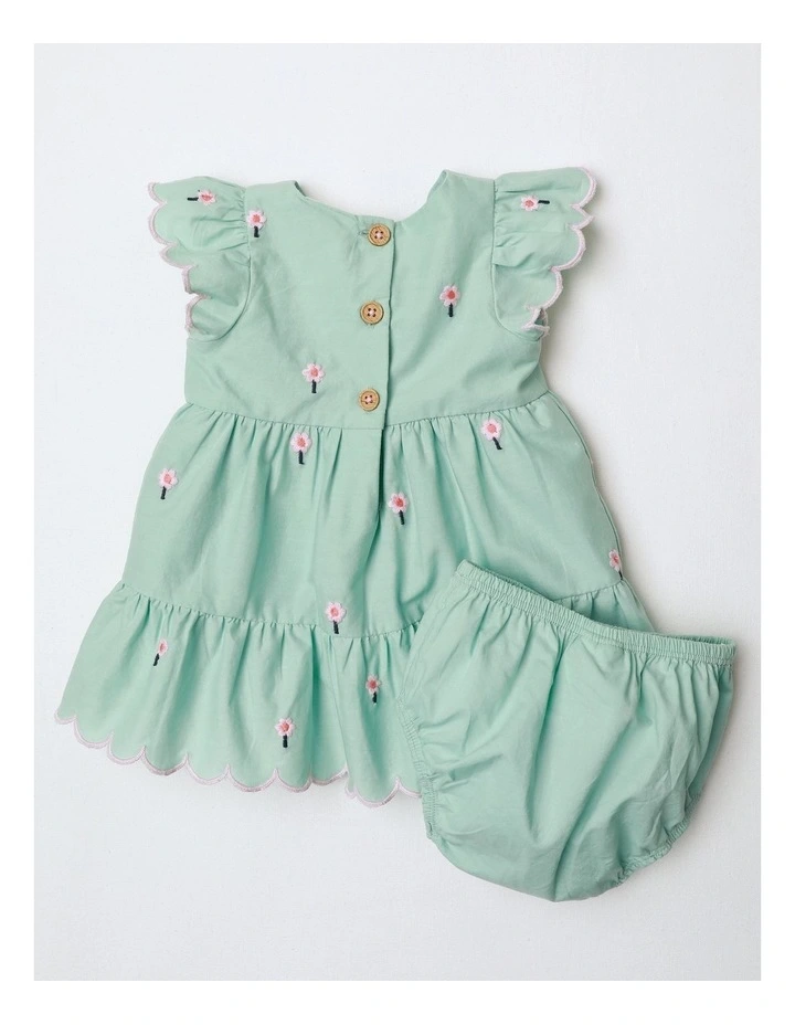 Adelaide Woven Tiered Dress With Scallop Edges And Daisy Embroidery in Light Green image 3