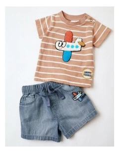 Jasper Yarn-Dyed Tee and Short Set with Boucle Plane in Light Brown