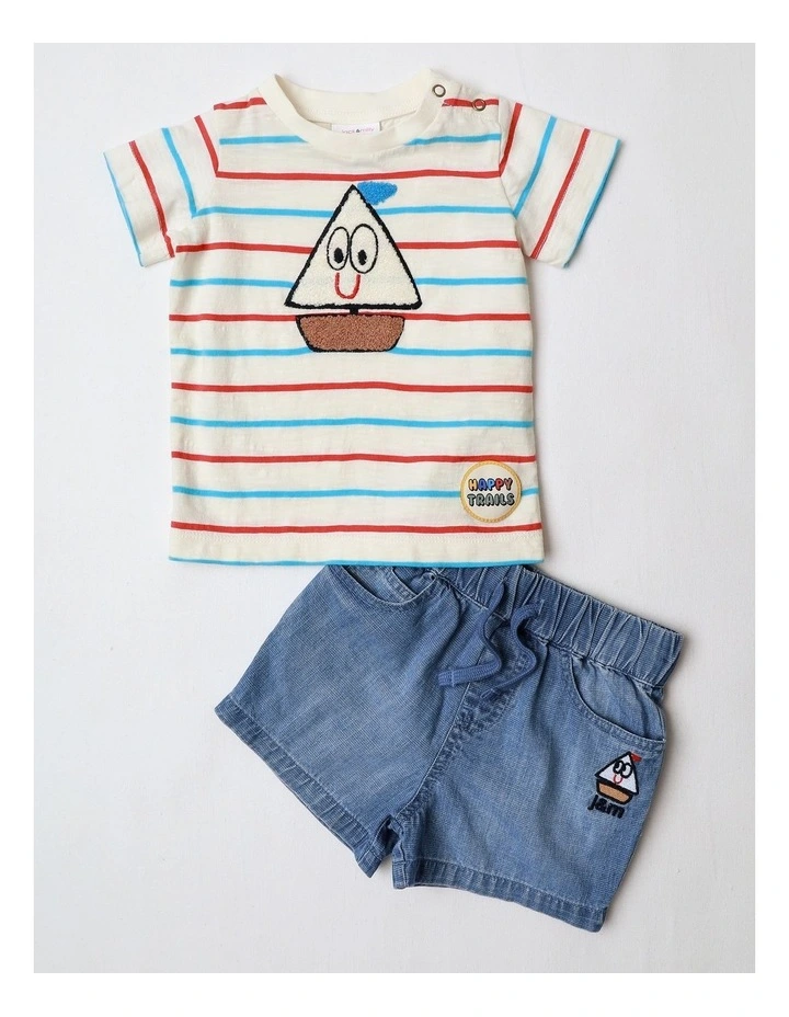 Jasper Yarn-Dyed Tee and Short Set with Sailboat in White image 1