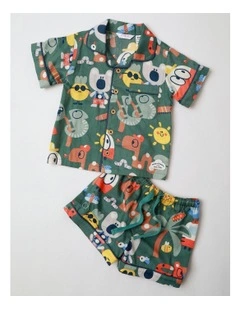 Freddie Woven PJ Set with Piping in Green
