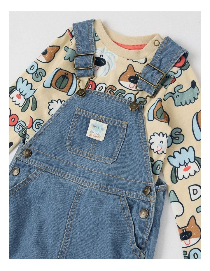 Roy Denim Overall and Doggo Print Tee Set in Denim image 2