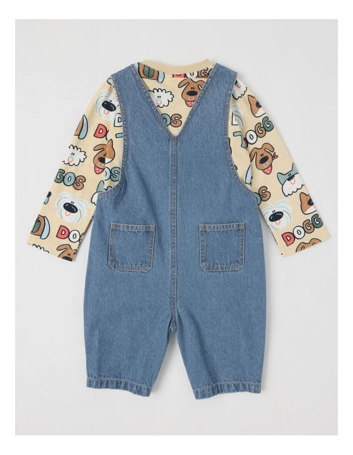 Roy Denim Overall and Doggo Print Tee Set in Denim image 3