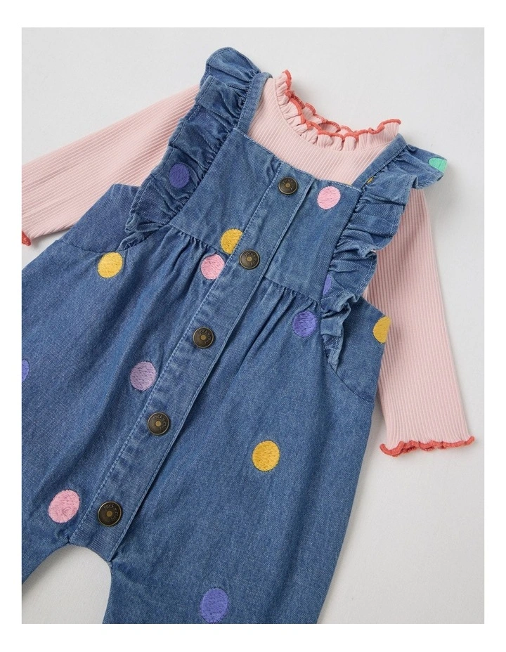 Maisie Denim Overall with Embroidered Spots and Rib Tee Set in Denim image 2