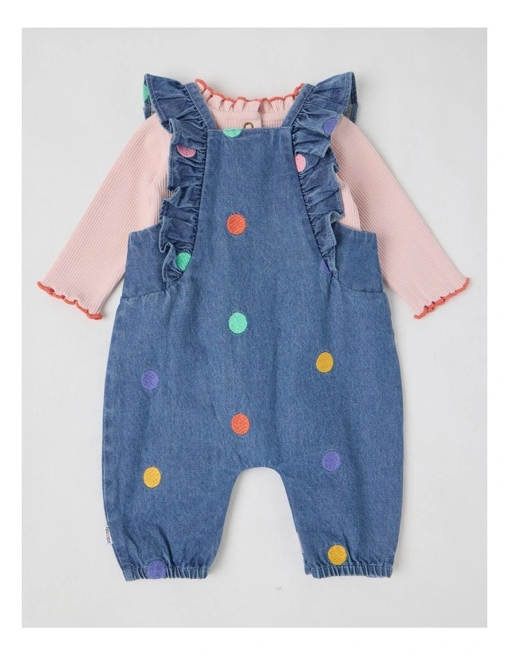 Maisie Denim Overall with Embroidered Spots and Rib Tee Set in Denim image 3