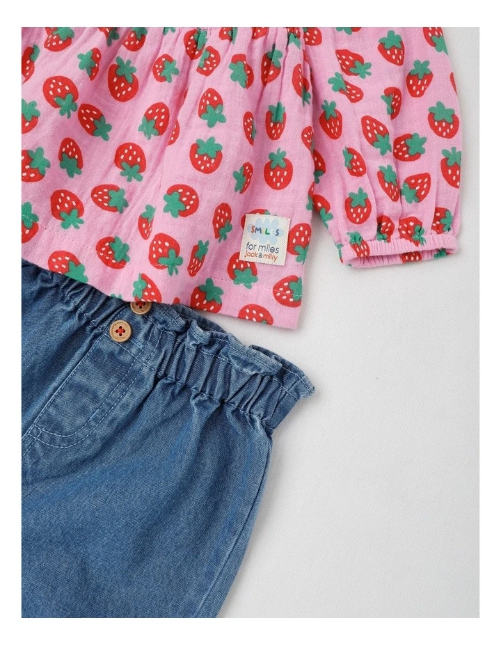 Scout Strawberry Print Top and Denim Pant Set in Pink image 2