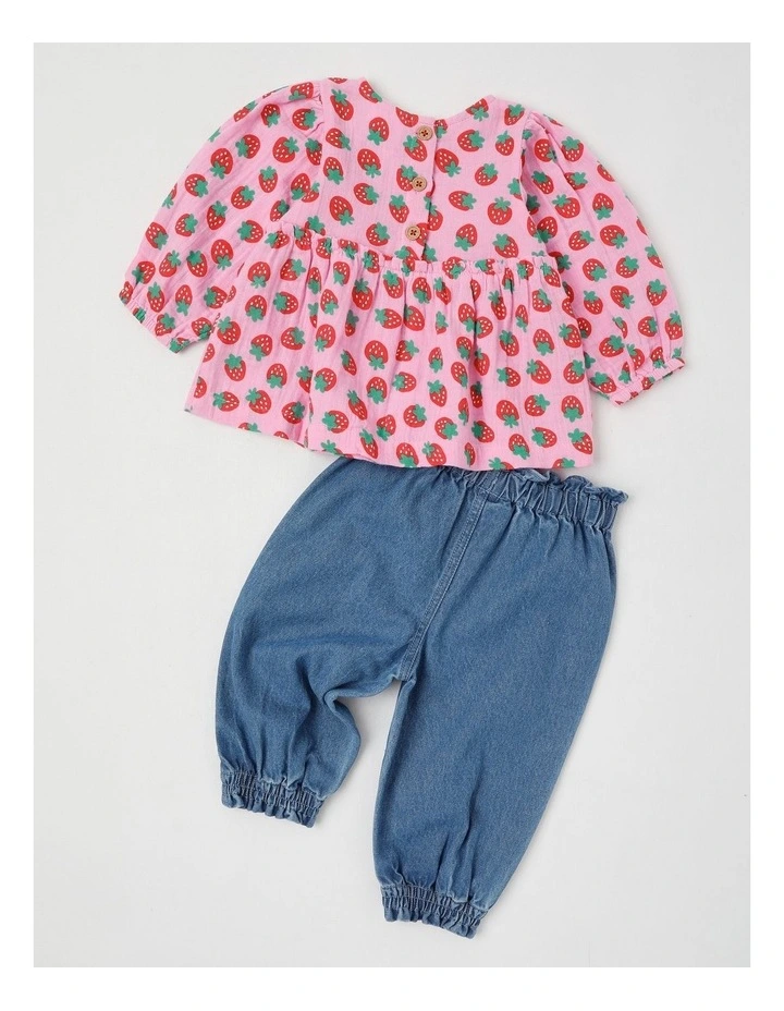 Scout Strawberry Print Top and Denim Pant Set in Pink image 3