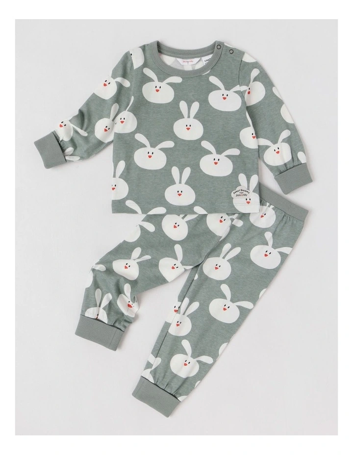 Finley Jersey Pyjama Set with Bunny Print in Green image 1