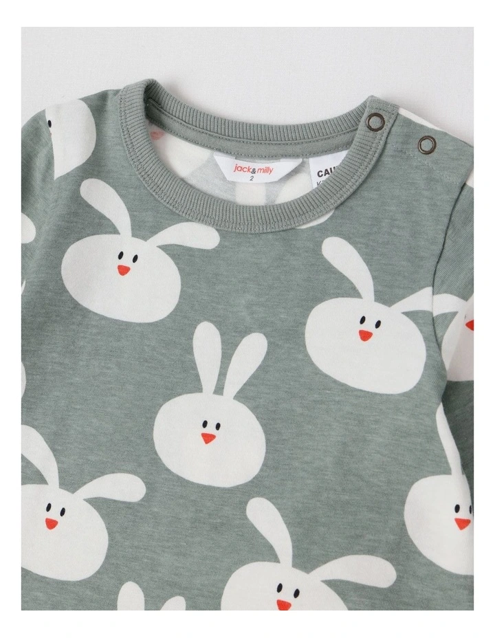 Finley Jersey Pyjama Set with Bunny Print in Green image 4