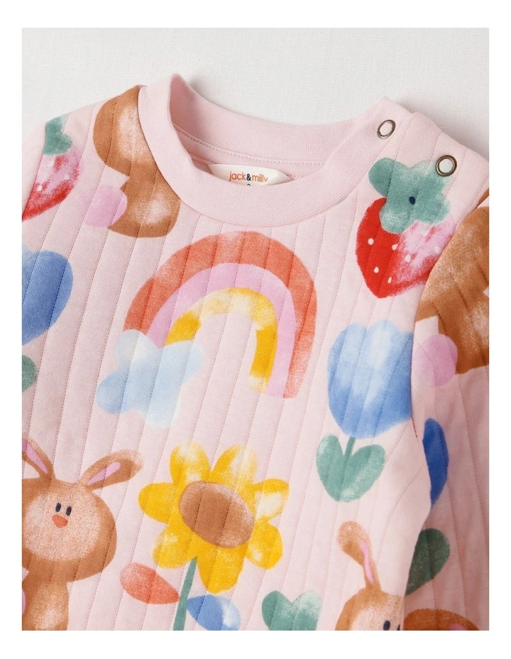 Ellis Quilted Pyjama Set with Watercolour Bunny Print in Pink image 2