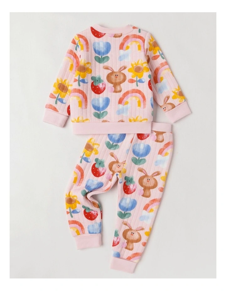 Ellis Quilted Pyjama Set with Watercolour Bunny Print in Pink image 3
