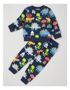 Ellis Quilted Pyjama Set with Crayon Dino Print in Navy