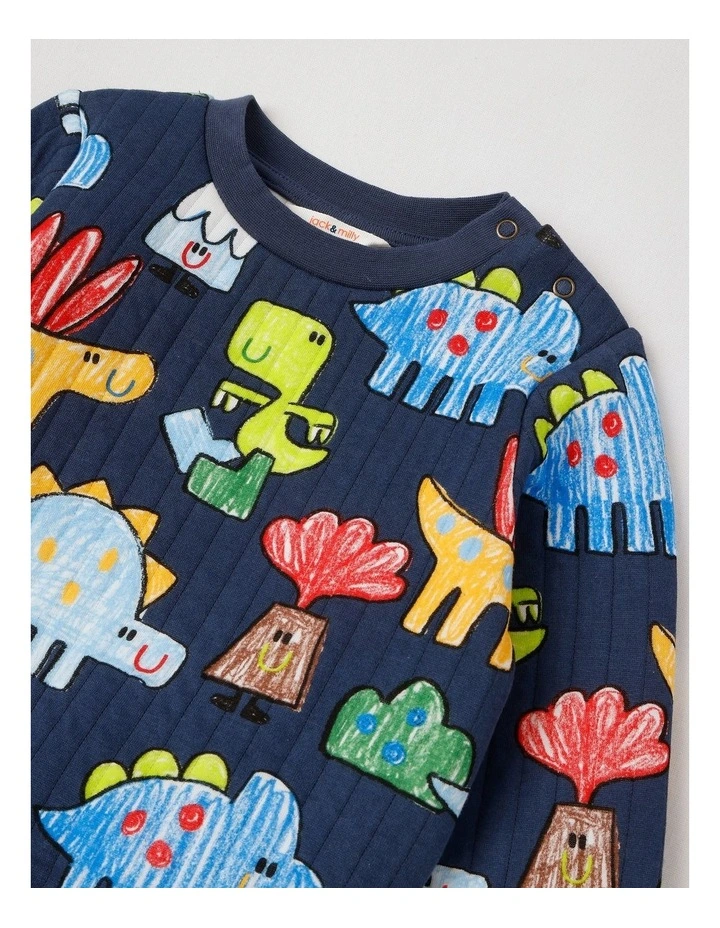 Ellis Quilted Pyjama Set with Crayon Dino Print in Navy image 2