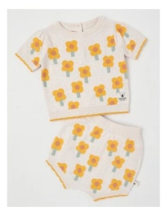 Naturals Eva Knitted Top & Bottom Set with Intarsia Daisies in Oat Marle