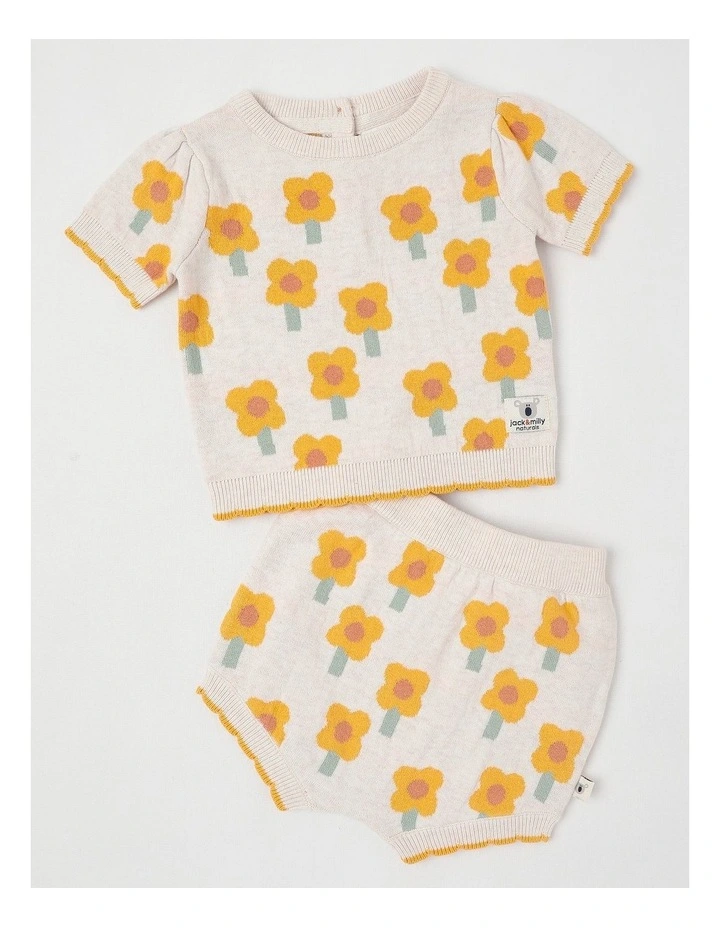 Naturals Eva Knitted Top & Bottom Set with Intarsia Daisies in Oat Marle image 1