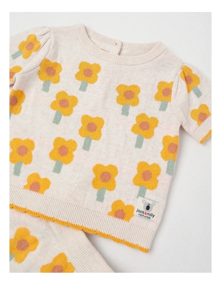 Naturals Eva Knitted Top & Bottom Set with Intarsia Daisies in Oat Marle image 2