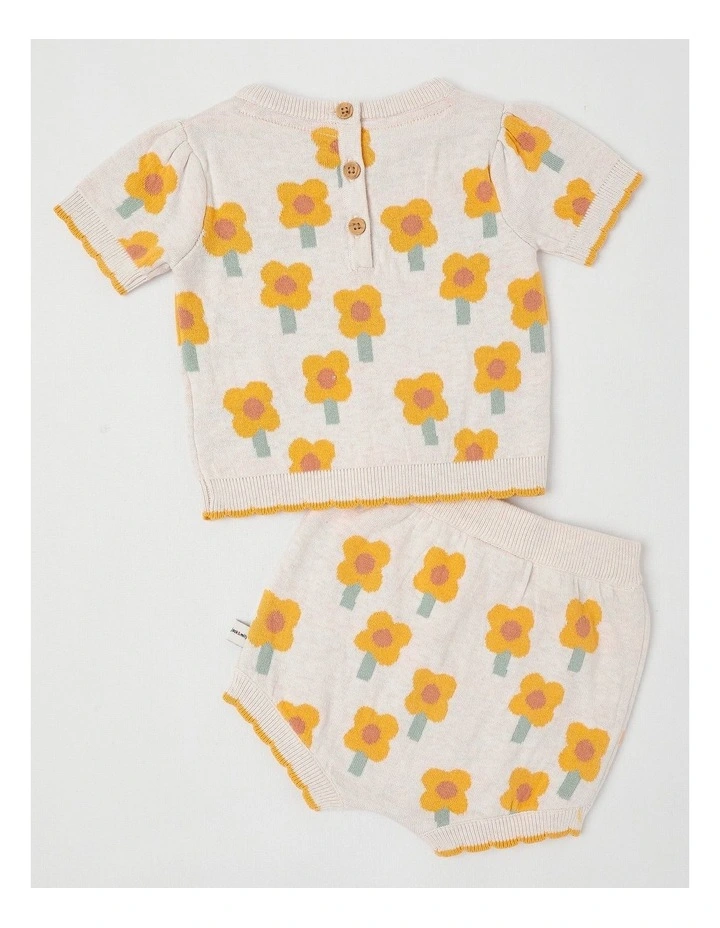 Naturals Eva Knitted Top & Bottom Set with Intarsia Daisies in Oat Marle image 3