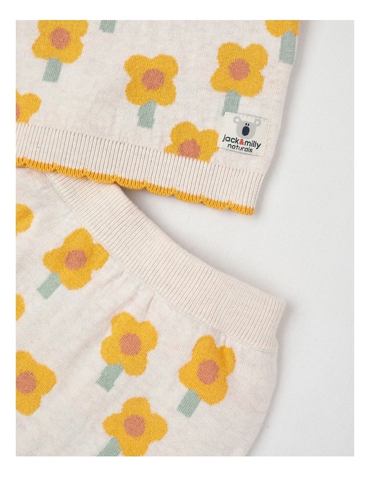Naturals Eva Knitted Top & Bottom Set with Intarsia Daisies in Oat Marle image 4